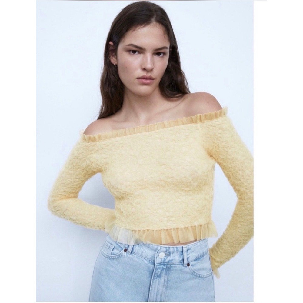 Zara Popcorn Knit Top Womens S Off Shoulder Tulle Ruffle Yellow Excellent